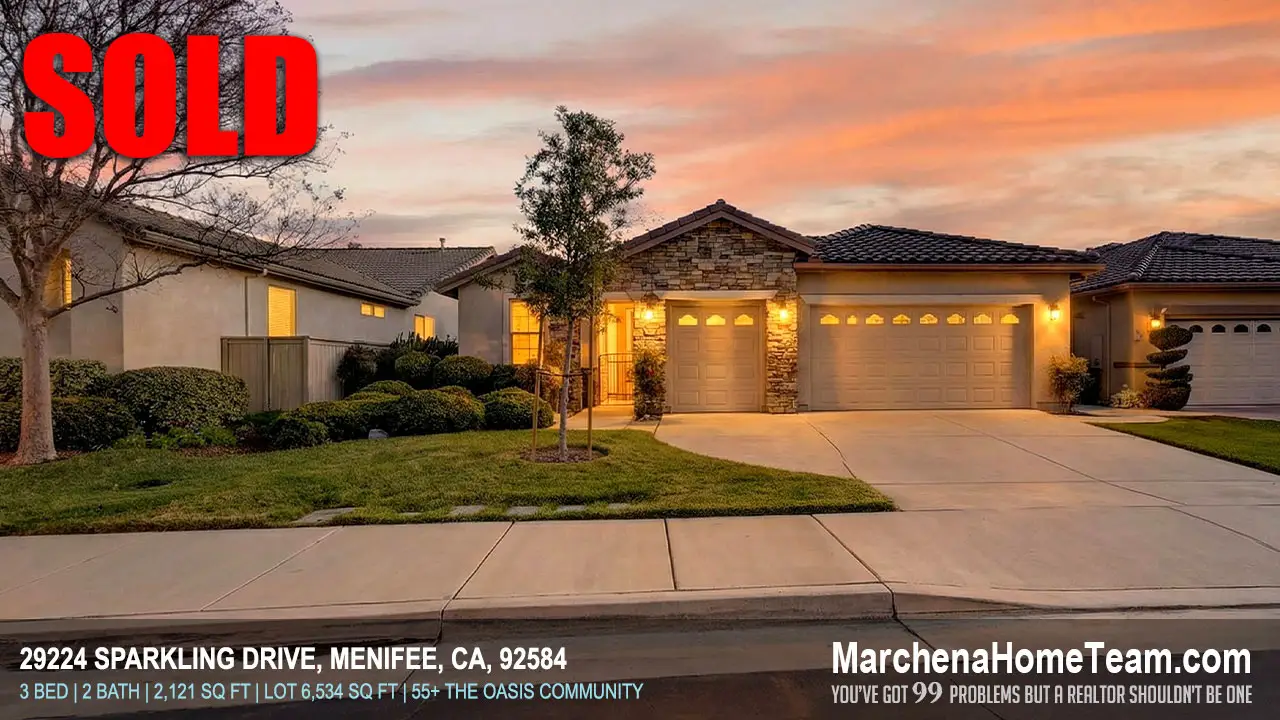 Sold home at 29224 Sparkling Drive in Menifee, CA located in The Oasis 55+ community.
