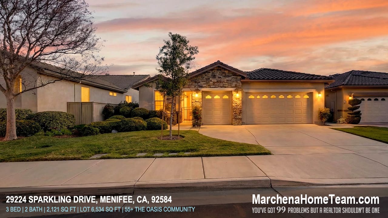 29224 Sparkling Drive Menifee CA home for sale in Oasis 55+ community with 2 car garage and golf cart garage