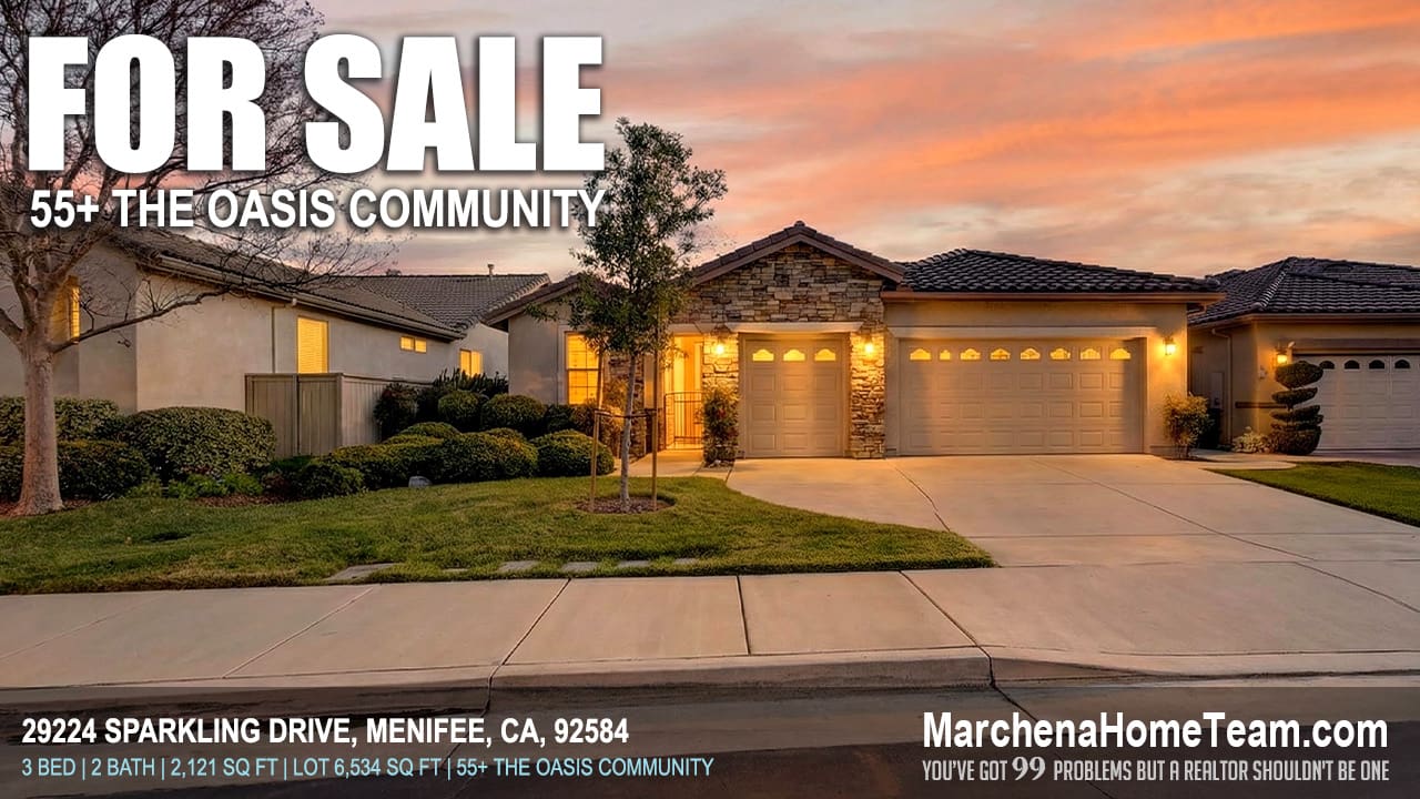 29224 Sparkling Drive Menifee CA home for sale in Oasis 55+ community with 2 car garage and golf cart garage