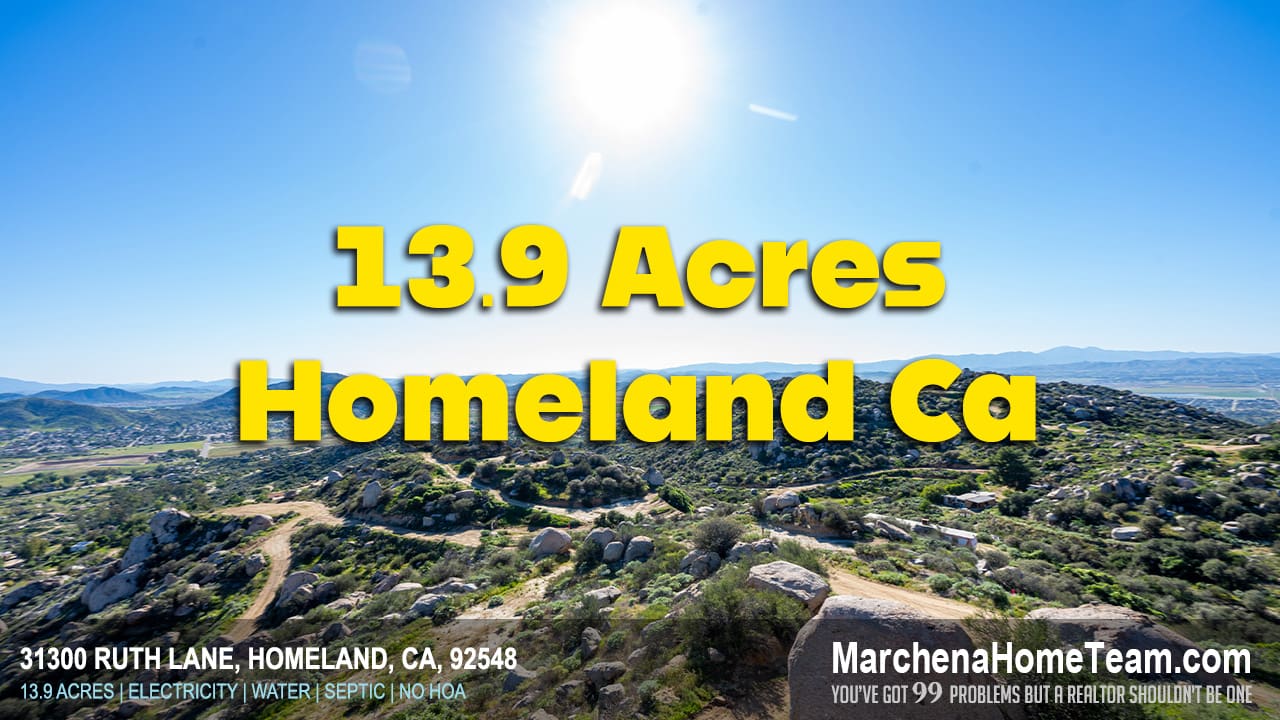 Aerial view of 13.9 acre land for sale in Homeland CA with panoramic views and surrounding terrain