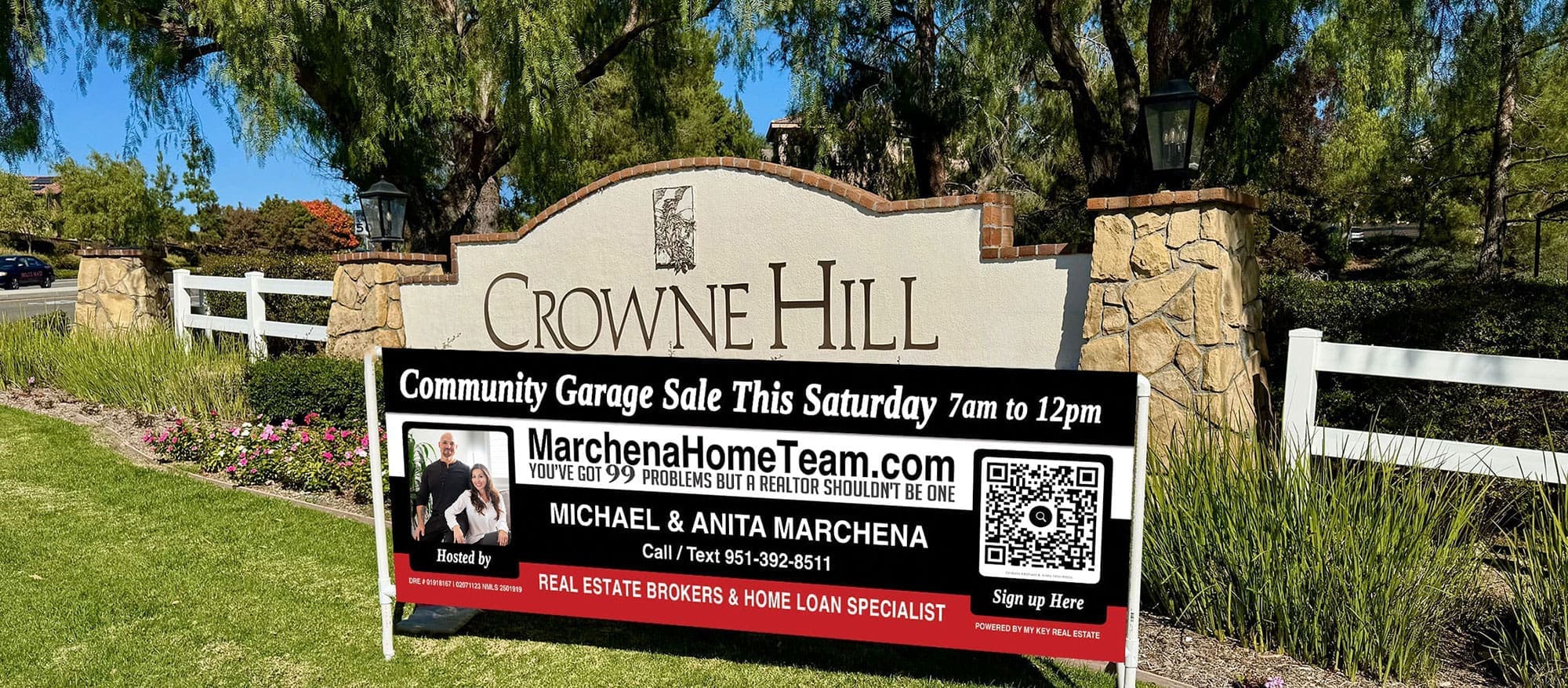 Crowne Hill and California Tradewinds community garage sale sign in Temecula CA