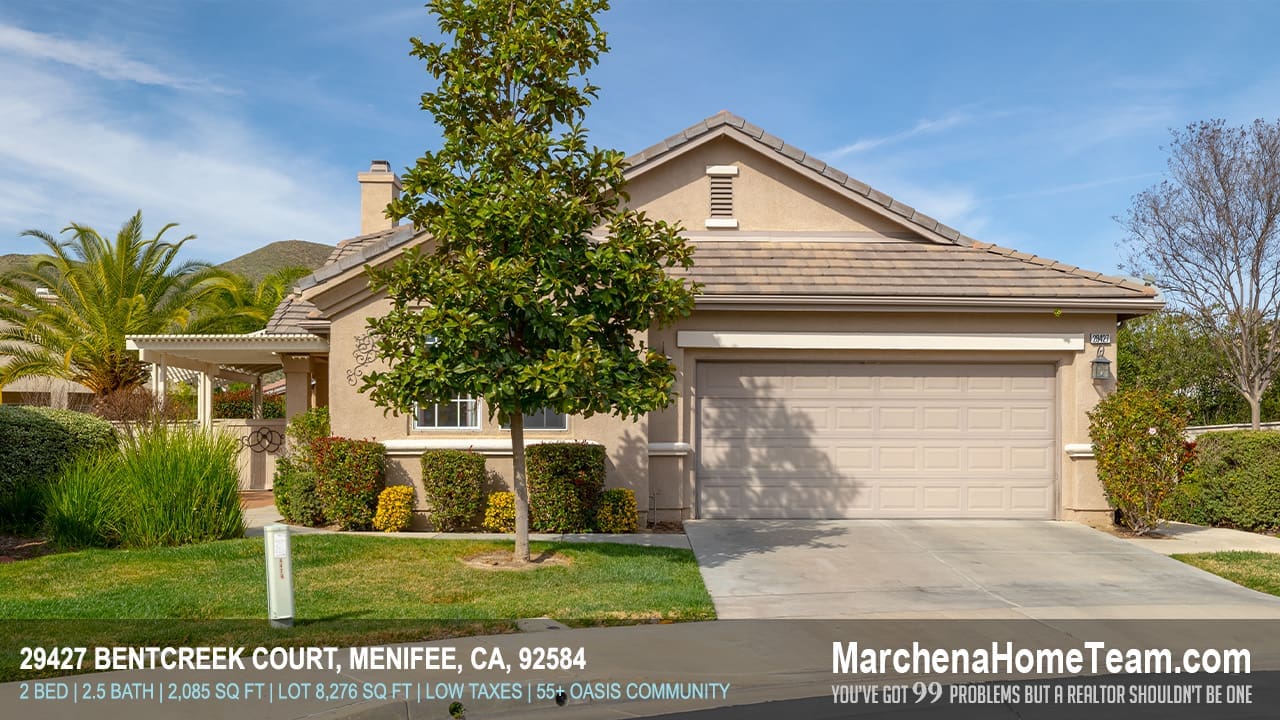 Front exterior of 29427 Bentcreek Court in Menifee CA located in The Oasis 55+ community