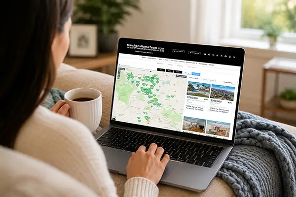 Home buyer using a laptop to search homes for sale in Temecula Valley