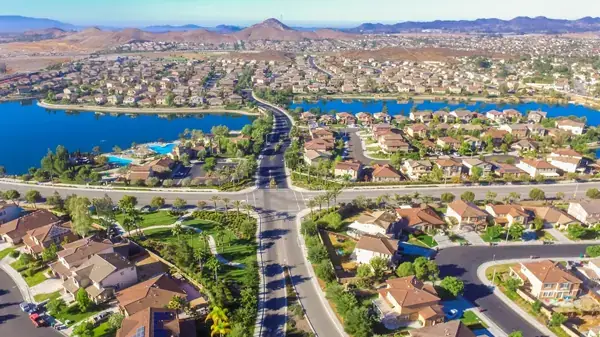 Menifee California lakefront neighborhood aerial view