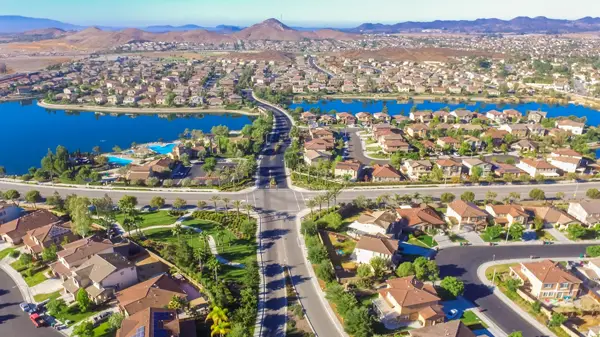 Menifee California lakefront neighborhood aerial view