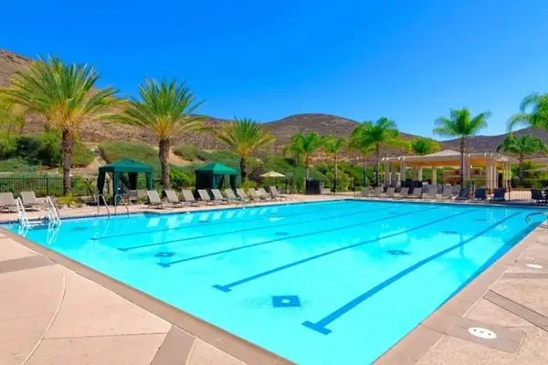Outdoor swimming pool at The Oasis active-adult community in Menifee