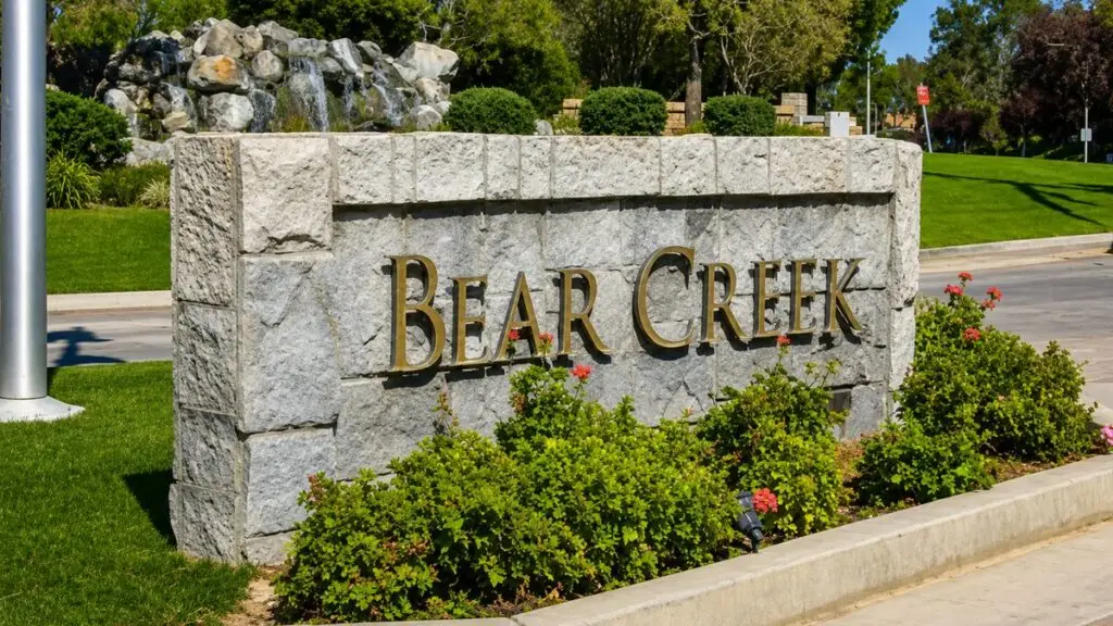 Bear Creek community entrance monument with waterfall feature in Murrieta, California