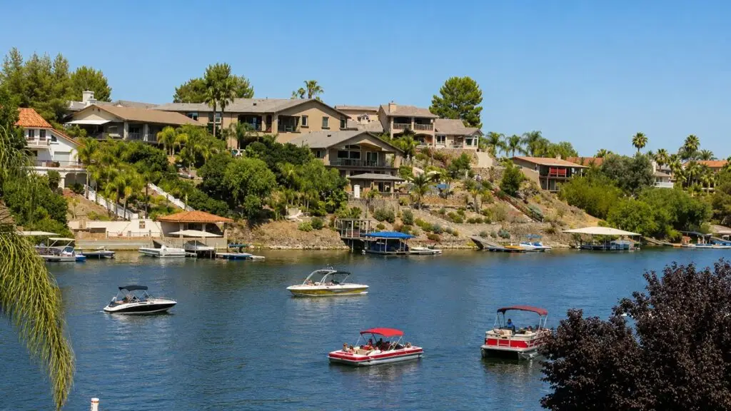 Hillside homes with private docks along the East Bay in Canyon Lake, California
