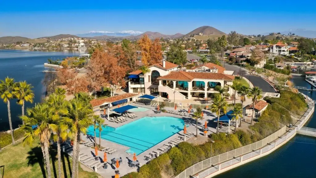 Aerial view of the lakeside lodge, pool and country club in Canyon Lake, California