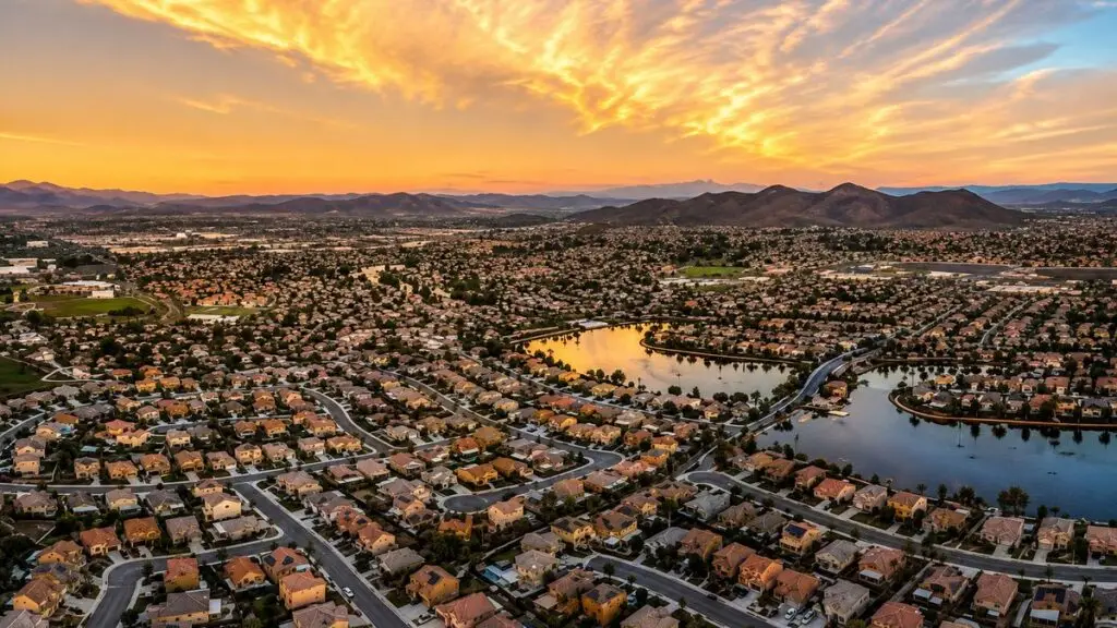 Sunset aerial view of Central Murrieta neighborhoods and lake, Murrieta, California