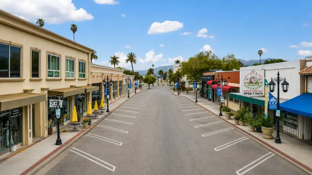 Shops and angled parking along downtown Hemet, California