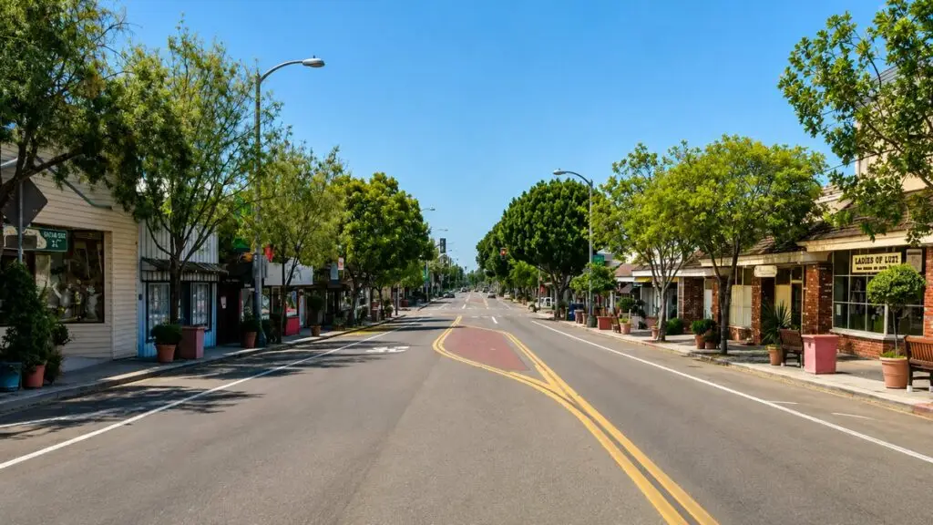 Shops, street trees and planters along Main Avenue in the village of Fallbrook, California