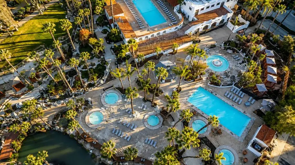 Aerial view of the Murrieta Hot Springs Resort pools and grounds in Murrieta, California
