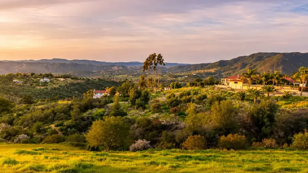 Golden-hour view across the rolling hills, groves and hillside homes of Fallbrook, California