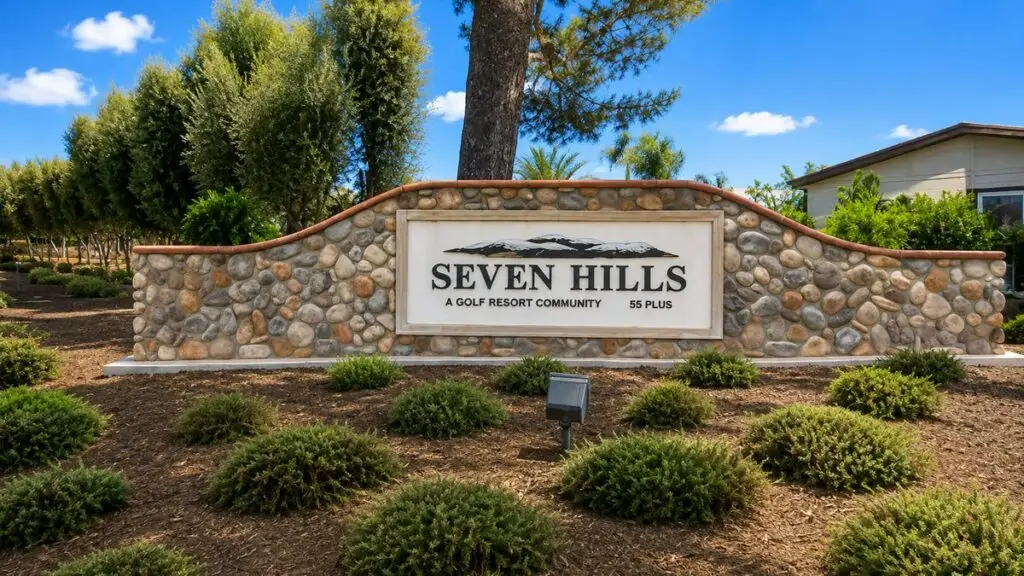 Seven Hills golf resort community entrance sign in Hemet, California