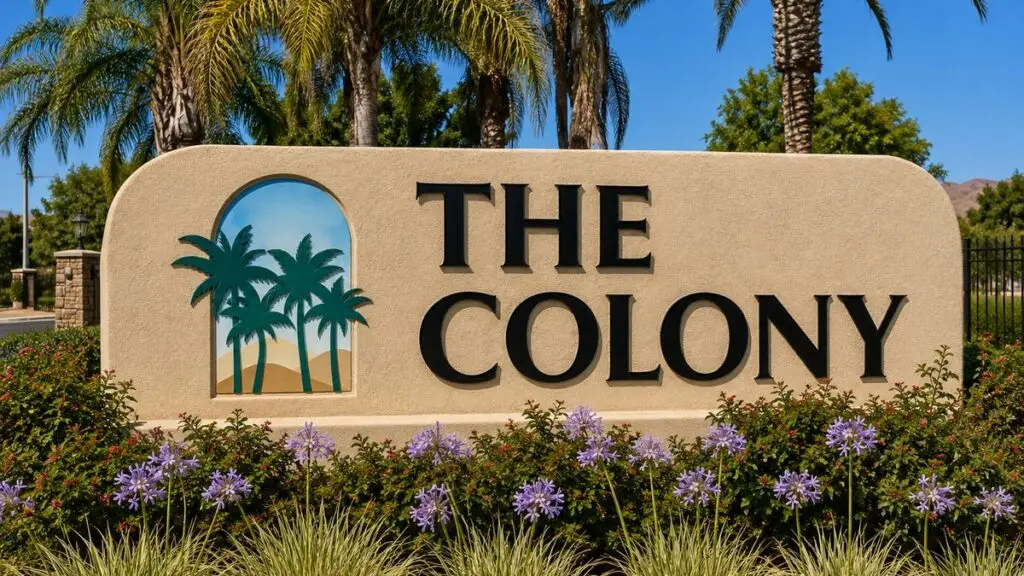The Colony community entrance monument framed by palms in Murrieta, California