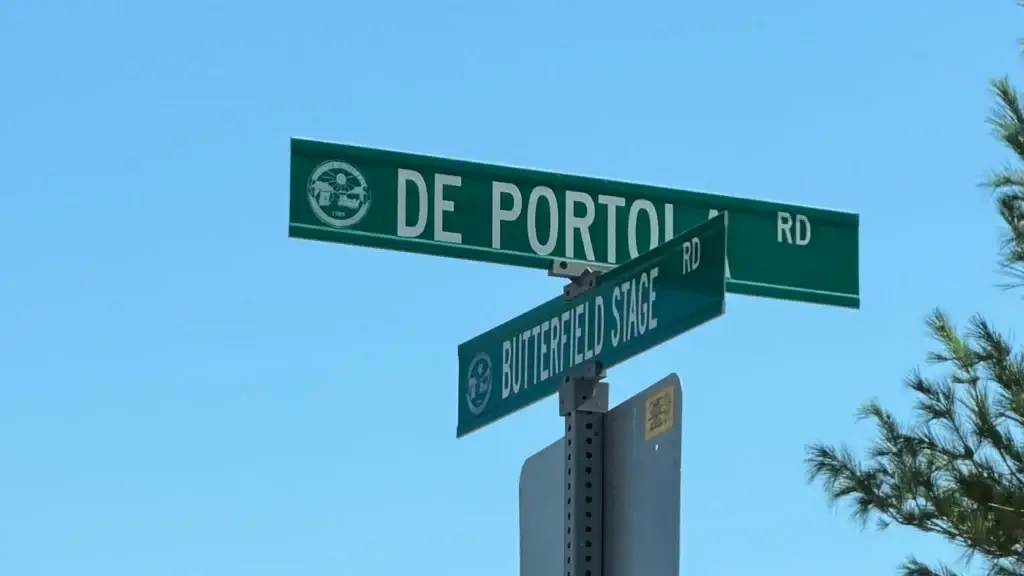 Street signs at the corner of De Portola Road and Butterfield Stage Road at Elderberry Park in Temecula, California
