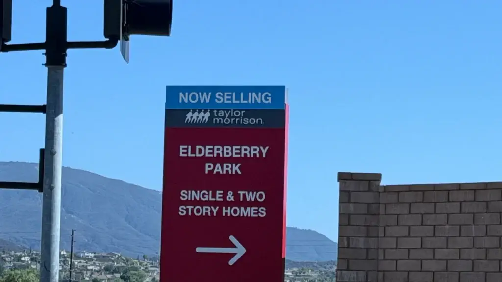 Taylor Morrison Now Selling sign for Elderberry Park at De Portola Road and Butterfield Stage Road in Temecula, California